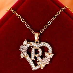 SALE 18k Gold Letter “R” Initial Crystal Heart Flower Pendant Necklace